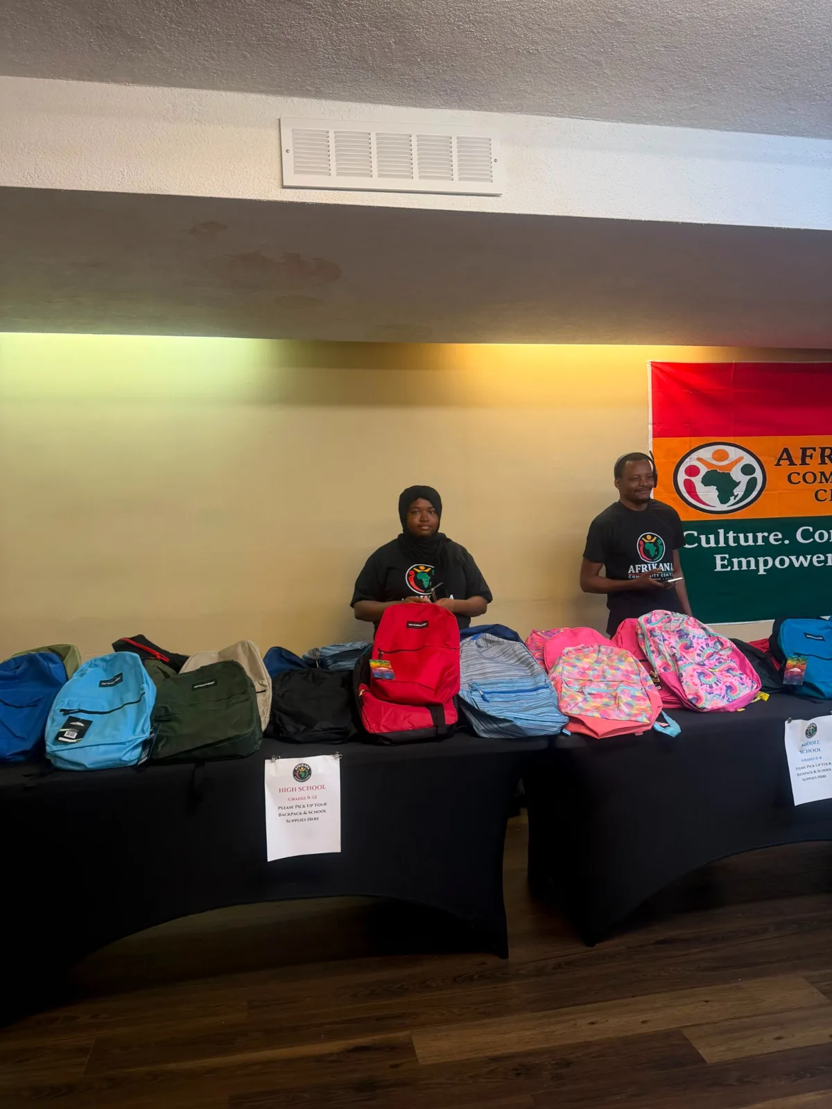 Backpacks prepared and organized for students at Afrikana Community Center.
